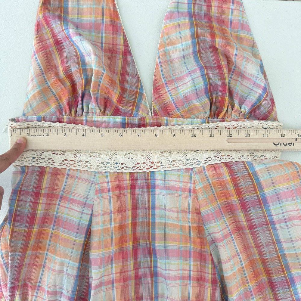 Vintage Cottagecore Dress Large Plaid Halter Crochet Milkmaid Boho Prairie Y2K - Picture 12 of 14